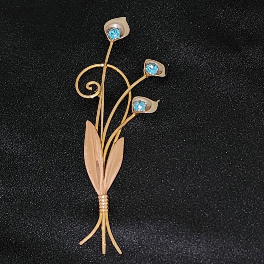 Vintage Van Dell Brooch - Flowers with Blue Rhinestones 1/20 12 KT Gold Filled